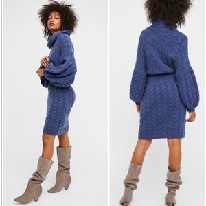 Free People Blue Sweater‎ Dress Meant To Be Size S Cozy Chunky Cowl Neck NWOT